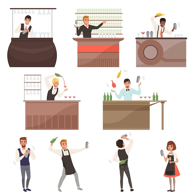 Set of bartenders at work standing at the bar counter surrounded with bottles and glasses. making cocktails and pouring glass with drinks.  cartoon