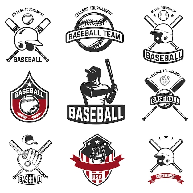 Set di emblemi di baseball. mazze da baseball, caschi, guanti. elementi per logo, etichetta, segno. illustrazione