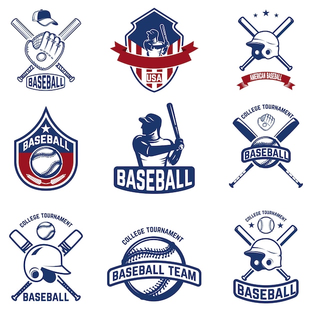 Vettore set di emblemi di baseball. torneo di baseball. elementi per logo, etichetta, emblema, segno. illustrazione