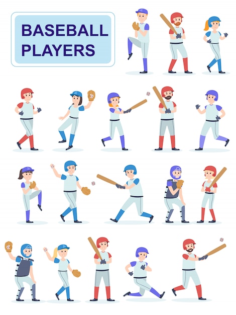 Vector set of baseball players at classic uniform.