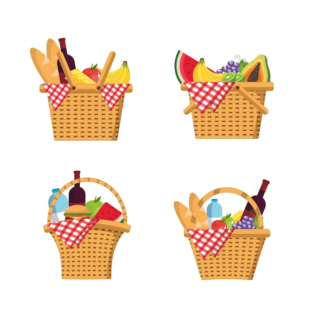 Vector set basket with food and tablecloth decoration