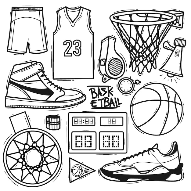 Vector set basketbal element handgetekende doodle