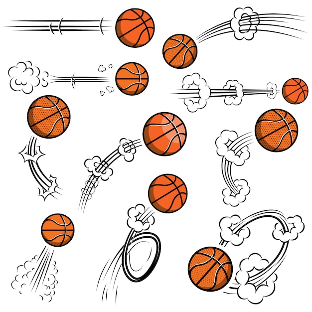 Set basketbalballen met bewegingspaden in komische stijl. element voor poster, banner, flyer, kaart. illustratie