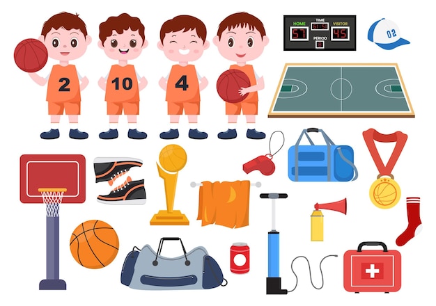 Set Basketball Element Vector Illustration with Various Equipment Basketballs Background