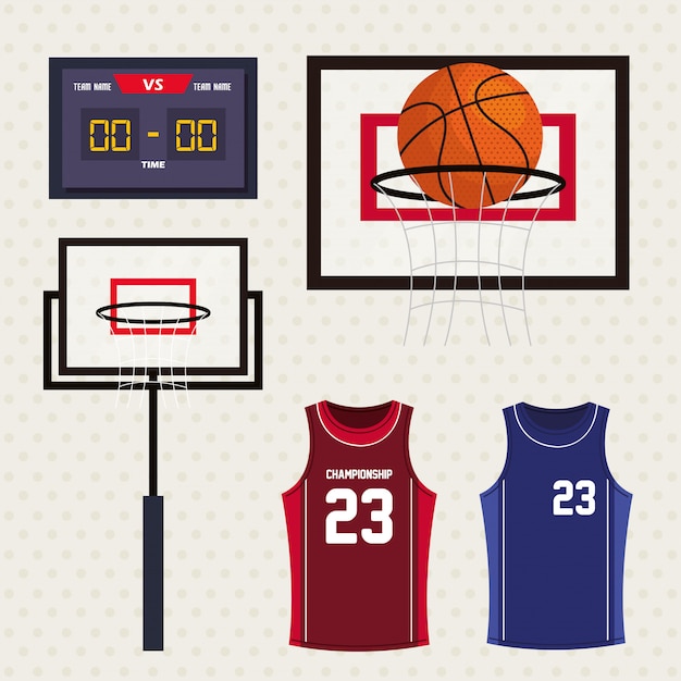 Vector set of basketball icons, scoreboard, basketball hoop, tank tops