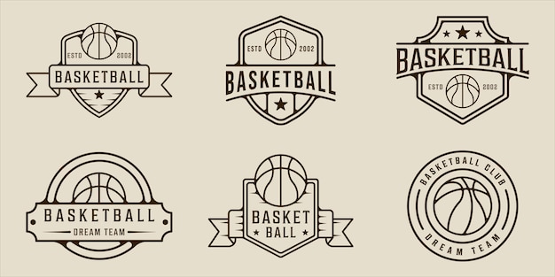 Set of basketball logo line art vector simple minimalist illustration template icon graphic design bundle collection of various basket ball sport sign or symbol for team or club league with badge