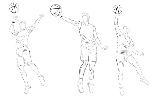 Set of basketball players jumping and throwing the ball drawn in outlines black on white background