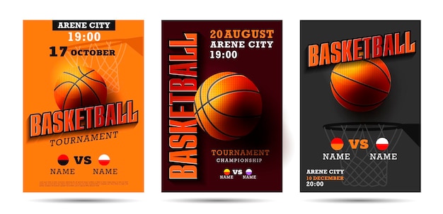 Set di poster di basket con palla da basket pubblicità sui playoff di basket evento sportivo