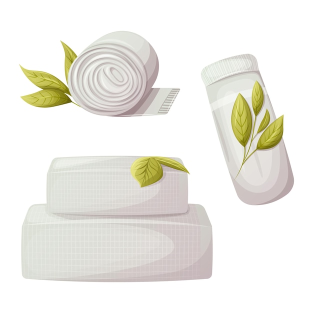 Vector a set of bath towels rolled and folded side and top view twig with green leaves spa relaxation