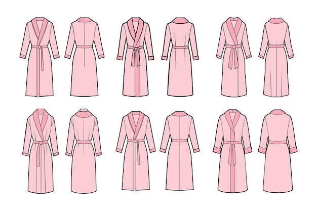 Vector set of bathrobes for women front and back views hand drawn illustration sketch vector