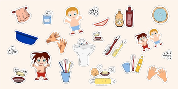 Set Bathroom tools children wash stickers Vector hygien baby educational Hand drawn illustration