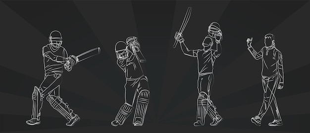 Set of batsman playing cricket line art in black background illustration