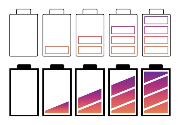 Vettore un set di batterie con diversi indicatori di carica. illustrazione vettoriale