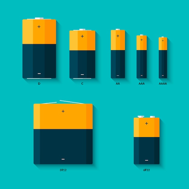 Set batterijen van verschillende afmetingen. aaaa-, aaa-, d-, c- en aa-batterijen. soorten batterijen.