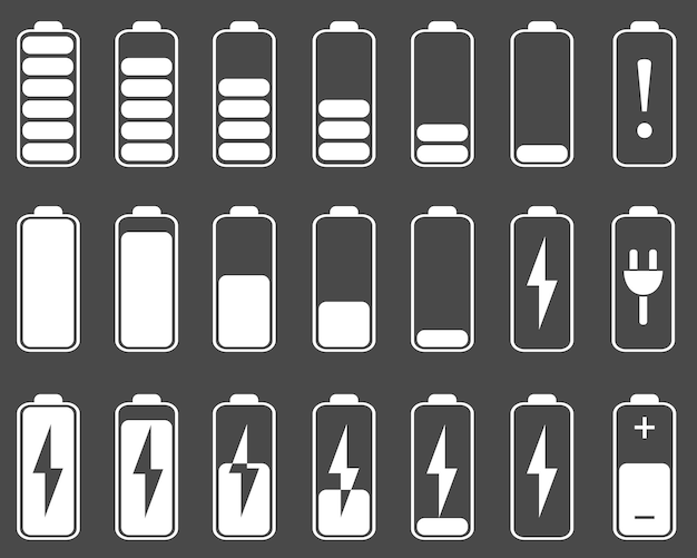 Un set di icone di carica della batteria in bianco su sfondo scuro icone dell'indicatore di carica della batteria