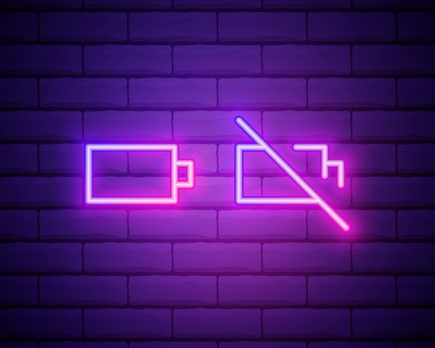 Set of battery neon icon Charger glowing sign Vector symbol of low and full battery isolated on brick wall