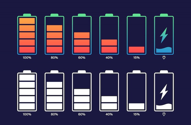 バッテリーを異なる充電レベルに設定します。バッテリーインジケーター、バッテリー充電サイン。ワイヤレス充電エネルギー記号。