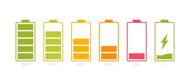 충전 수준이 다른 배터리 설정 자동차 배터리 표시기 배터리 충전 표시 무선 충전 에너지 표시 벡터 그래픽 디자인