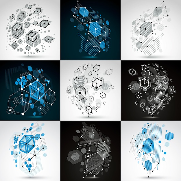 Set di sfondi retrò bauhaus, sfondi vettoriali artistici realizzati utilizzando griglia ed esagoni. le illustrazioni grafiche geometriche degli anni '60 possono essere utilizzate come design per la copertina di un opuscolo.