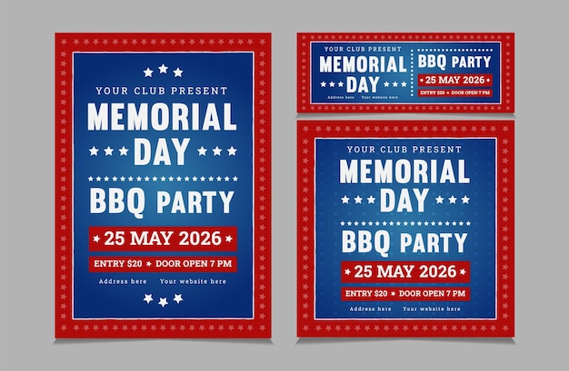 Set di inviti per barbecue per il giorno della memoria, volantino di invito al barbecue per il giorno della memoria e copertina di facebook v