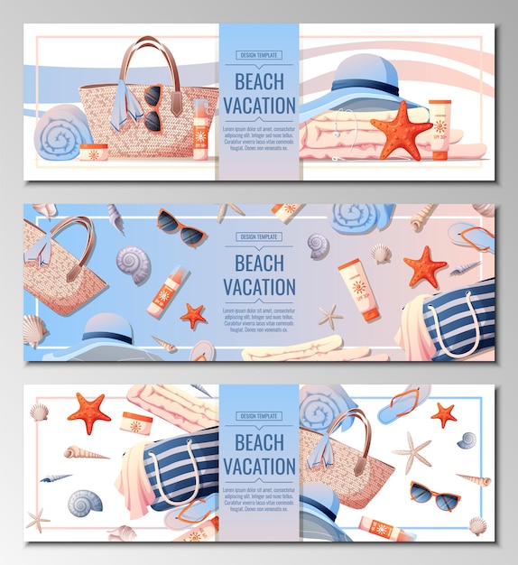 Set of beach banner with accessories for relaxing by the sea ocean holidays season clothes cosmetics