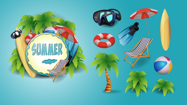 Set of beach elements and logo