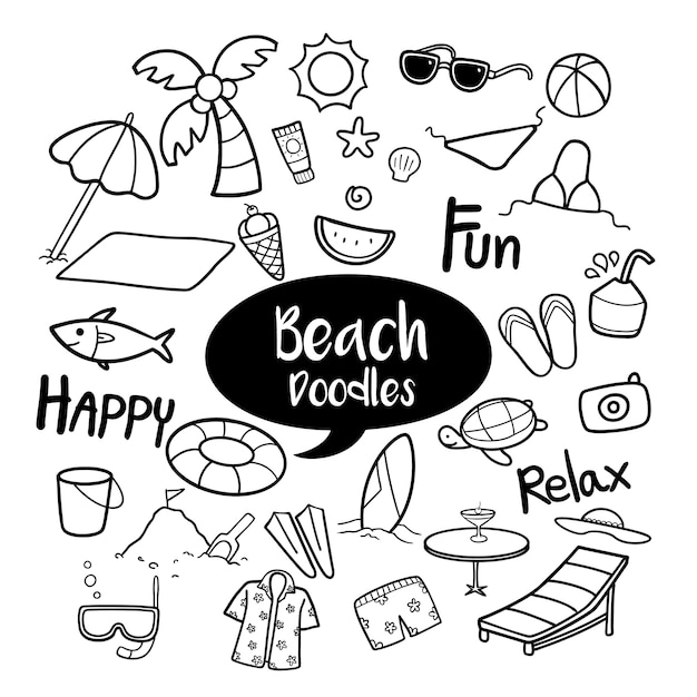 Vector set of beach objects in hand drawn doodles