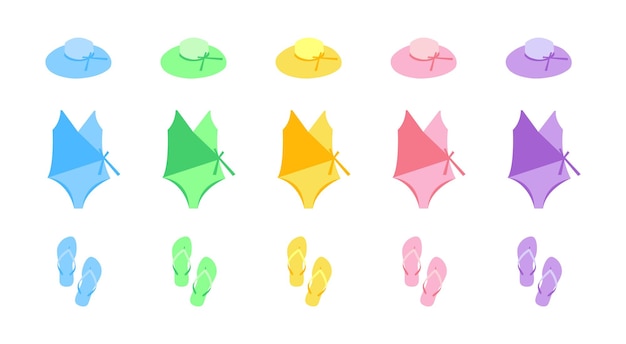 Set of beach summer clothes in different colors for women Summer wear swimsuit flip flops and summer sun hat