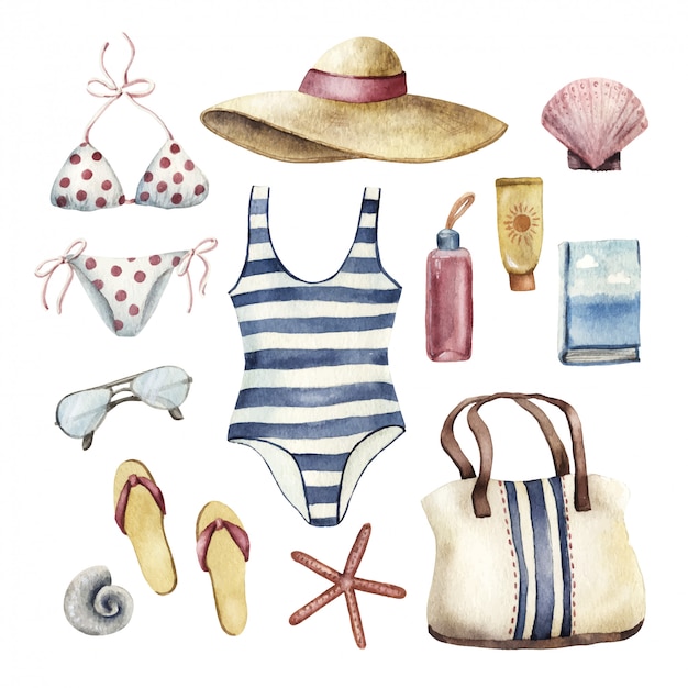 Set of beach vacation essentials, watercolor illustration