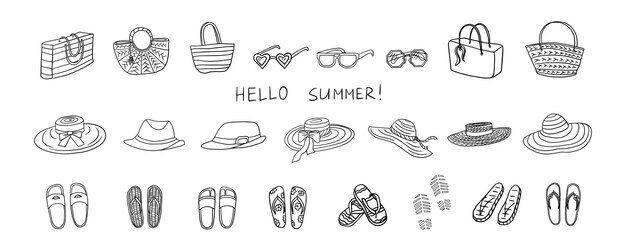 Vector set of beachwear and accessories theme elements sunglasses flip flops beach bag hat doodles