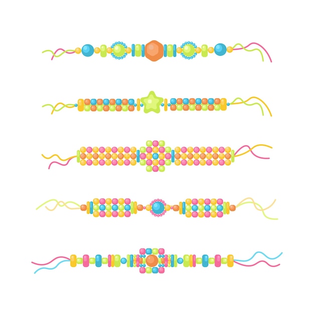 Vector set of beaded coloful bracelets for children. orange and blue strings of beading bracelet. handmade