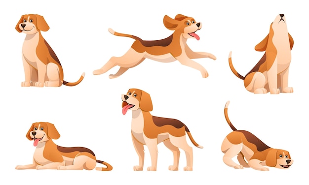 Set di cane beagle in varie pose del fumetto