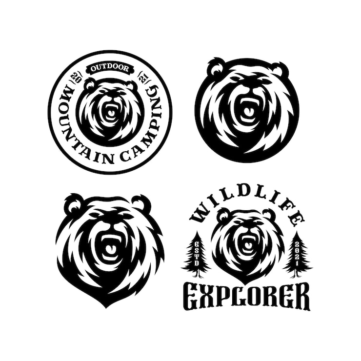 Vector set of bear logo emblem. outdoor adventure expedition, bear head and forest.