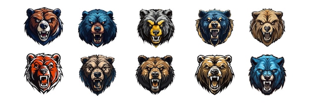熊のマスコットロゴのセット 熊のスポーツチームのエンブレムのさまざまなバリエーションのエスポートゲームエンブレム