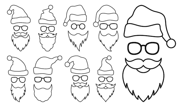 Set of Beard with christmas hat and glasses in line style isolated