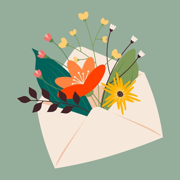 Vector set of beauiful envelopes with floral elements or inflorescences leaves isolated on background