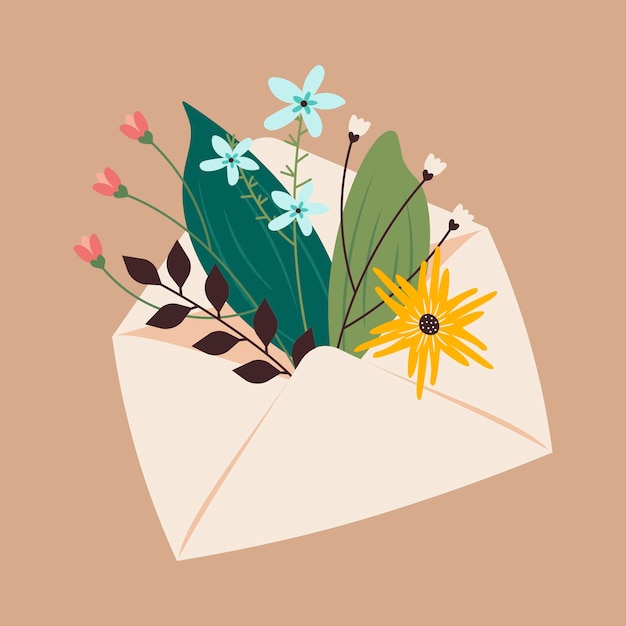 Set of beauiful envelopes with floral elements or inflorescences leaves isolated on background