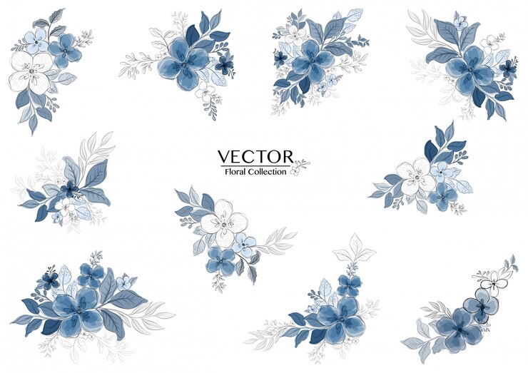 Vector set of beautiful blue watercolor floral branch 