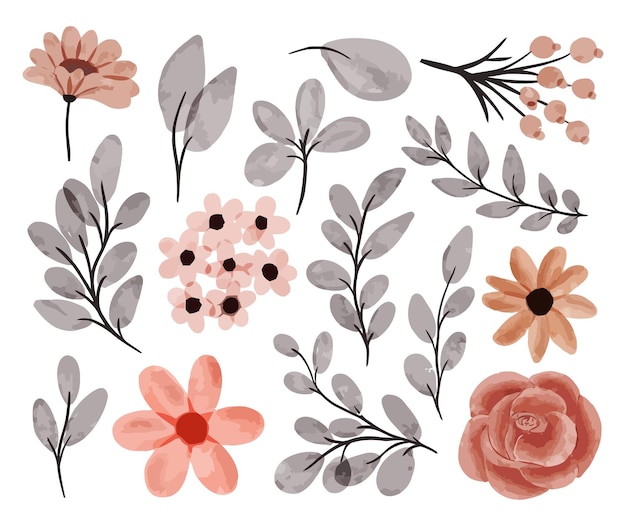 Vector set of beautiful bouquet of watercolor flowers and leaves watercolor floral elements