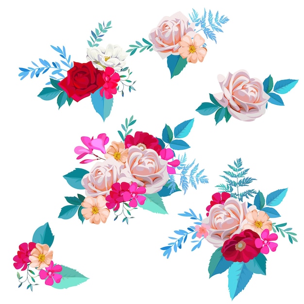 Set di bellissimi bouquet con rose e fiori di radica in stile acquerello