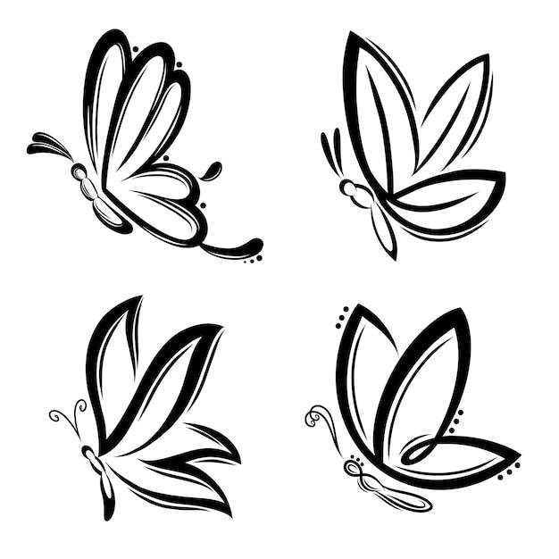 일러스트레이션의 문신 디자인을 위한 아름다운 나비 실루엣 세트
