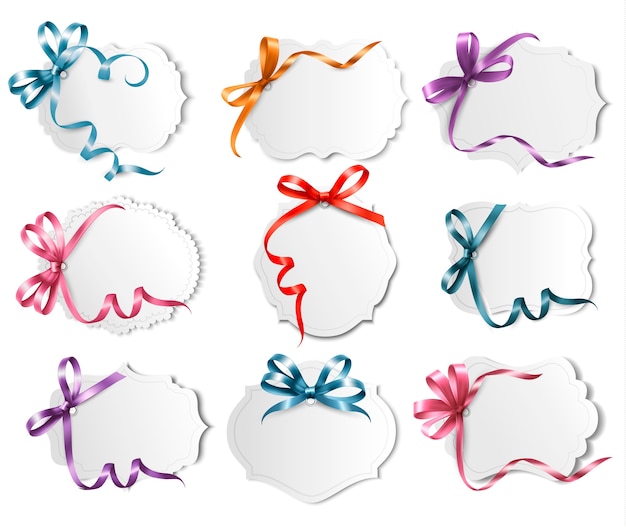 Vector set of beautiful cards with colorful gift bows with ribbons