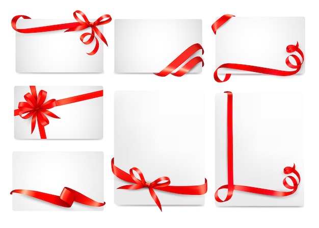 Set of beautiful cards with red gift bows with ribbons