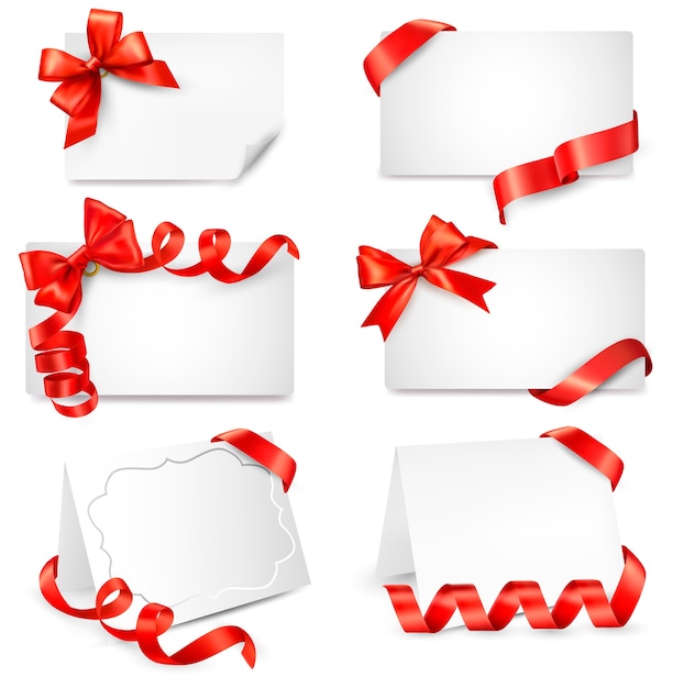 set of beautiful cards with red gift bows with ribbons