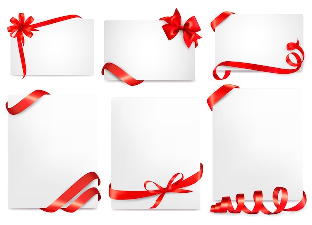 Set of beautiful cards with red gift bows with ribbons 