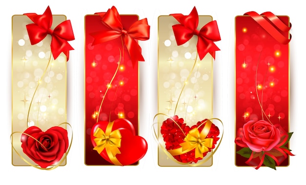 Set of beautiful cards with red gift bows with ribbons