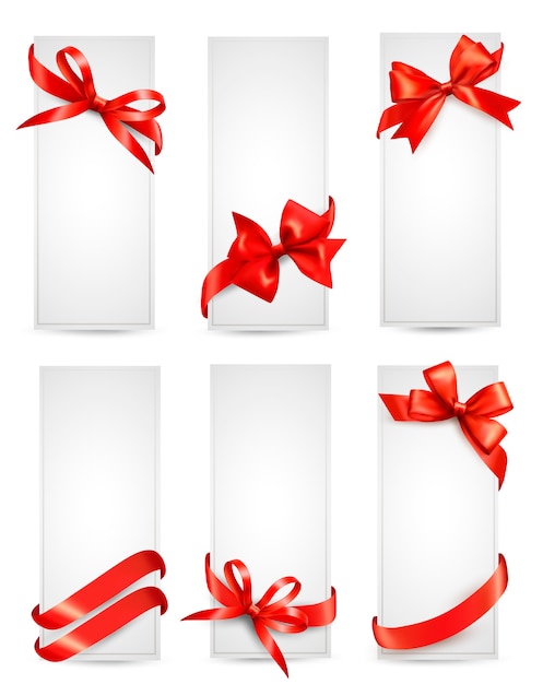 set of beautiful cards with red gift bows with ribbons