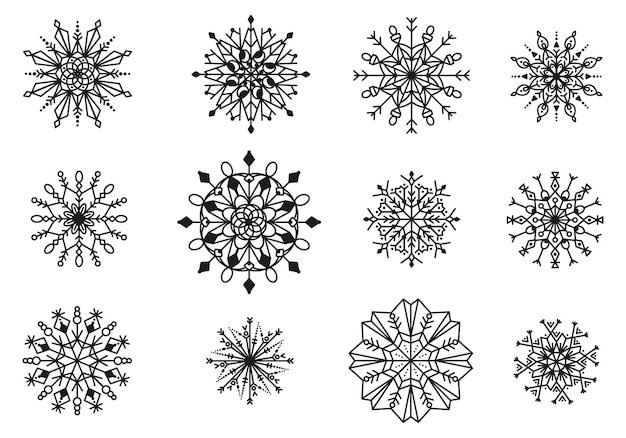 Set of beautiful delicate complex snowflakes winter elements