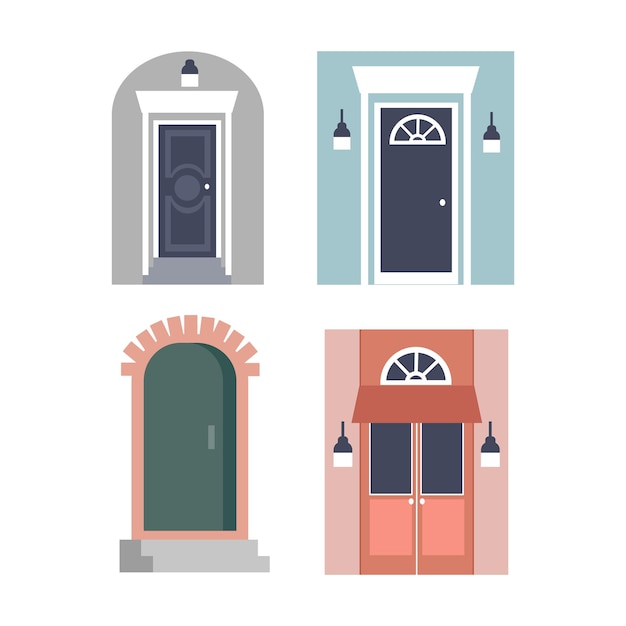 A set of beautiful doors entry group front door entrance to the house vector illustration in flat cartoon style