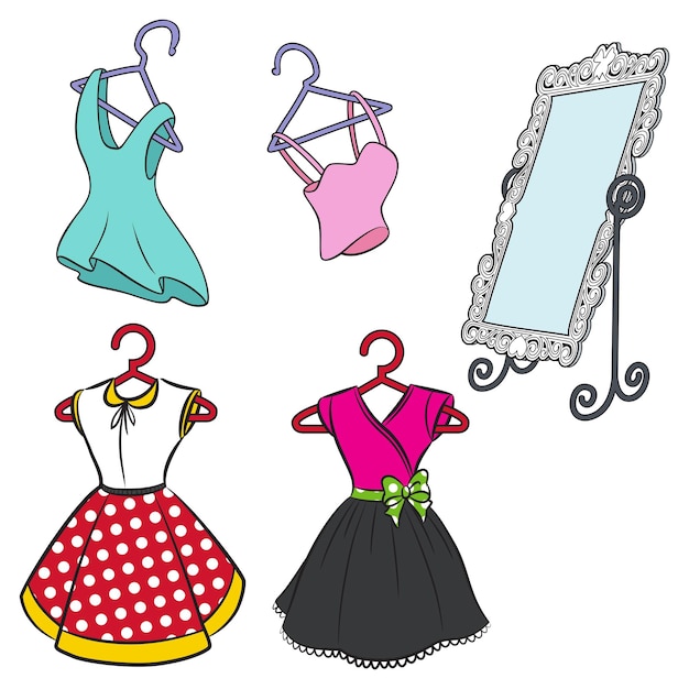 Set of beautiful dress illustration for girl with big antique fitting mirror design